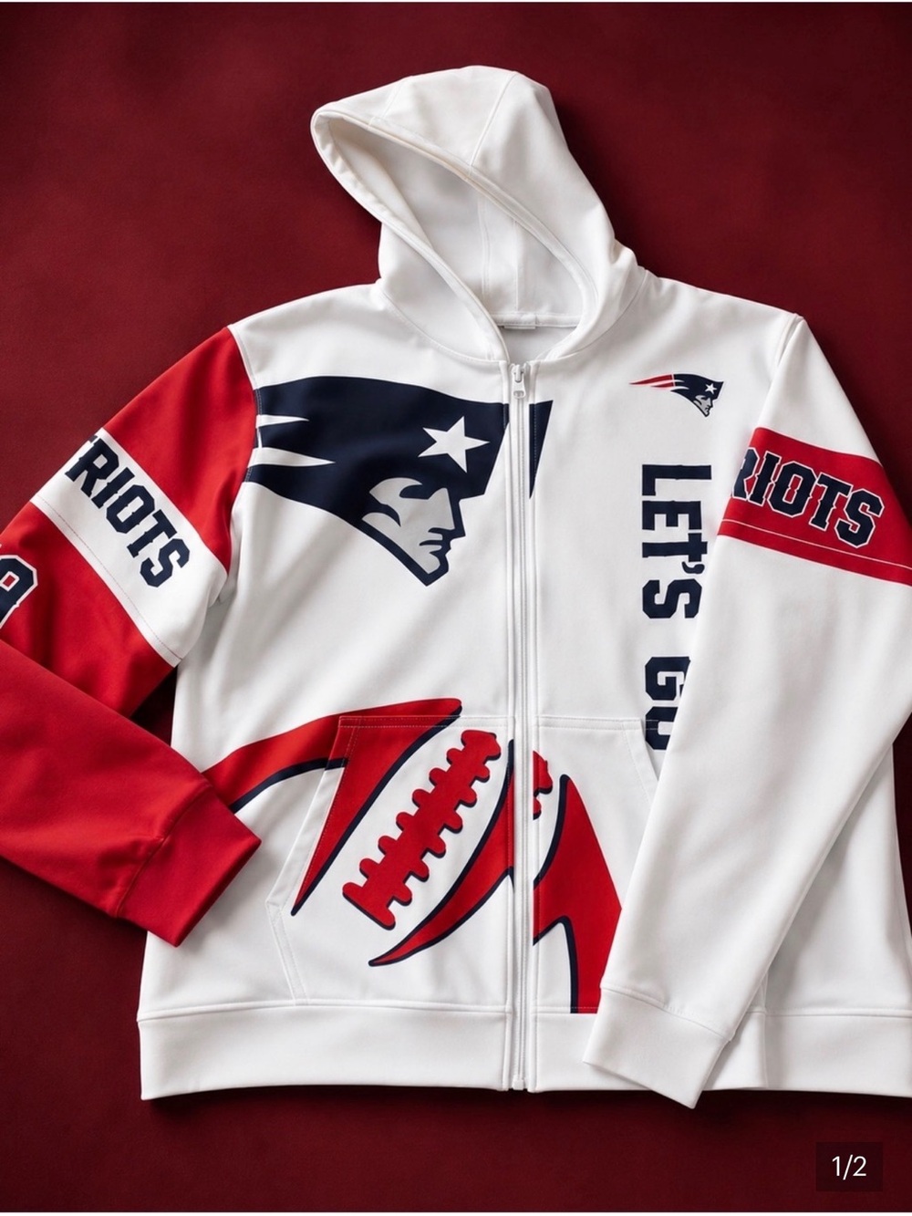 New England Patriots White & Red Full-Zip Hoodie Jacket
